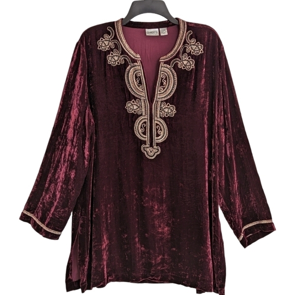 Chico's Crushed Velvet Embroidered & Beaded Long Sleeve Tunic Burgundy 2-L/12 - Picture 1 of 11